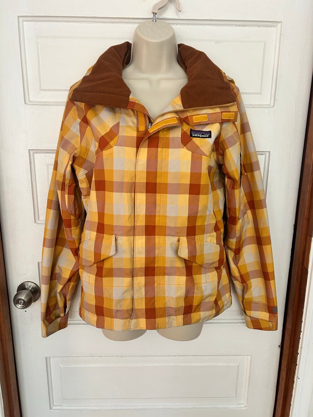 Patagonia Lined Rain Coat Yellow Orange Gingham Women S XC Fast Shipping